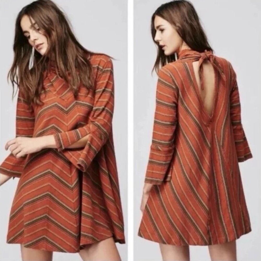 Free People Romantics‎ Adobe Chevron Rust Tie Back Swing Dress Size XS NEW